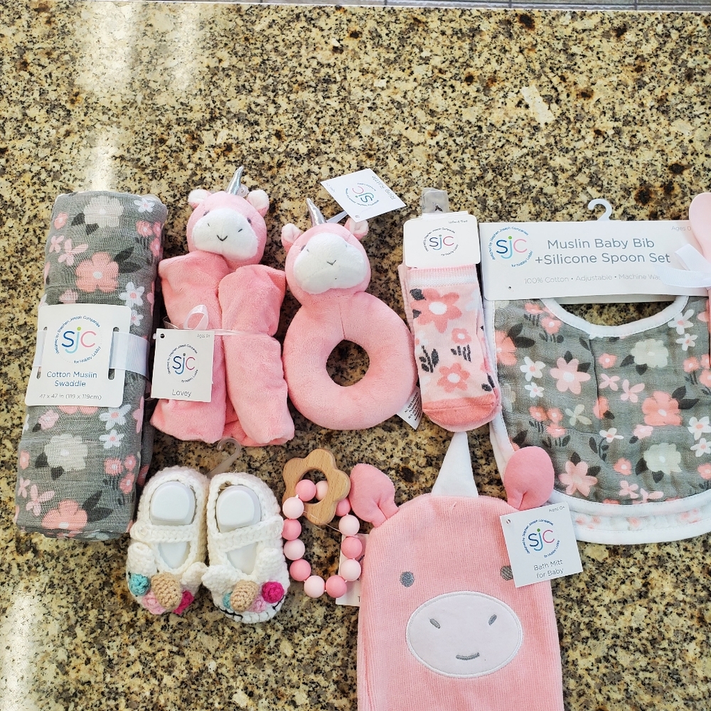 Nwt baby girl unicorn bibs, blanket. Shoes rattle, socks and more
